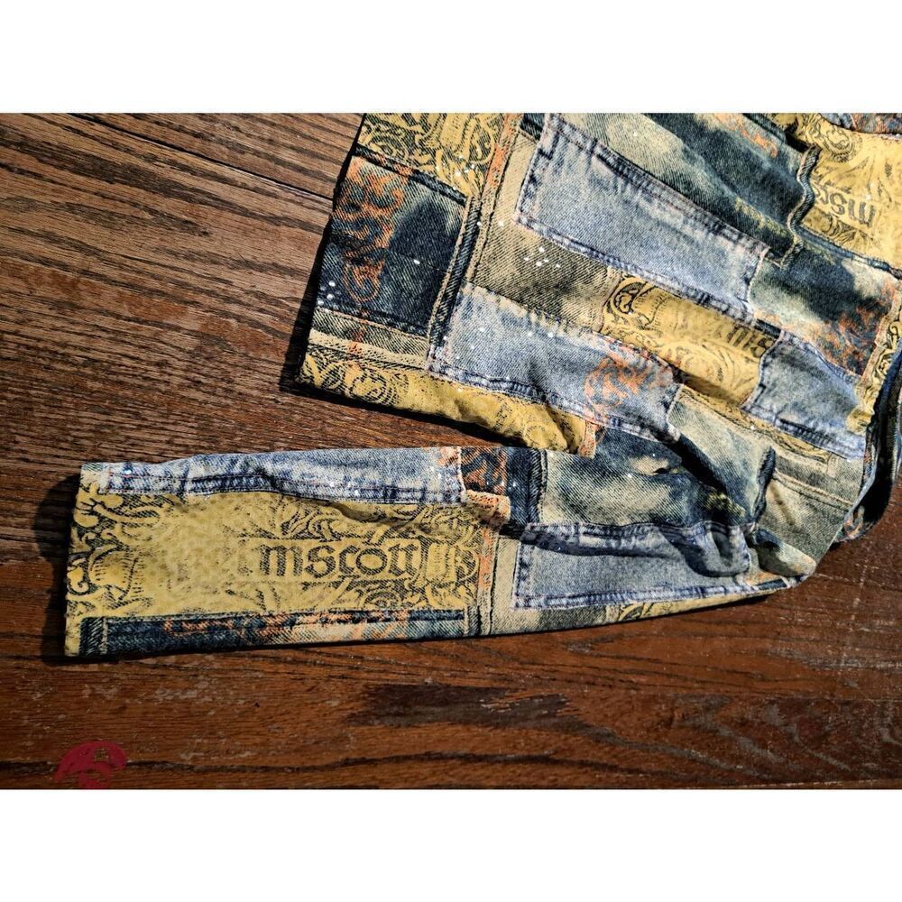 Size 8 Joseph Ribkoff Long Sleeve Zip Faux Denim Shirt Jacket Blue Yellow Orange - Picture 7 of 8